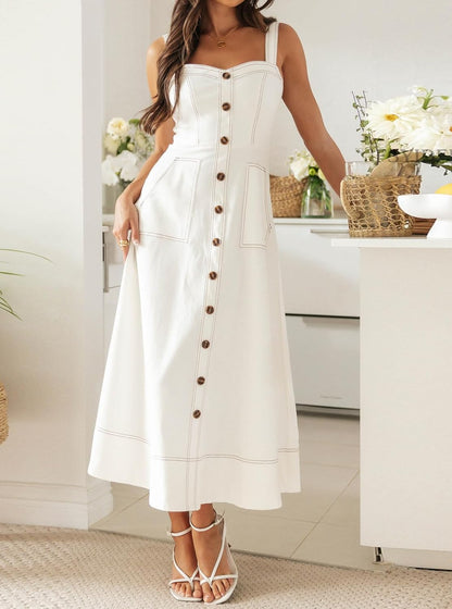 Casual White Button Pocket Maxi Dress