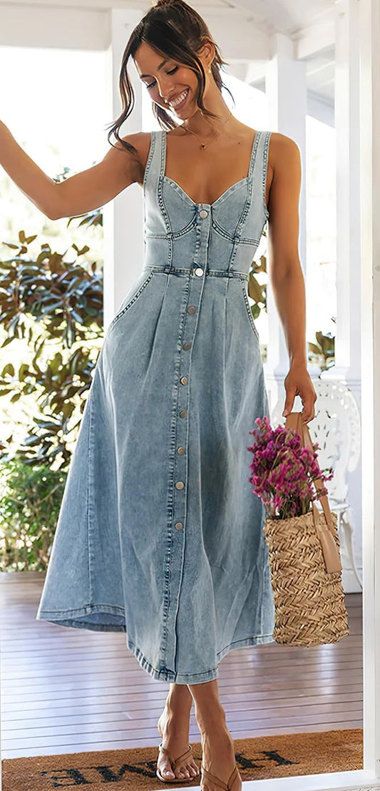 Babydoll Denim Sleeveless Maxi Dress