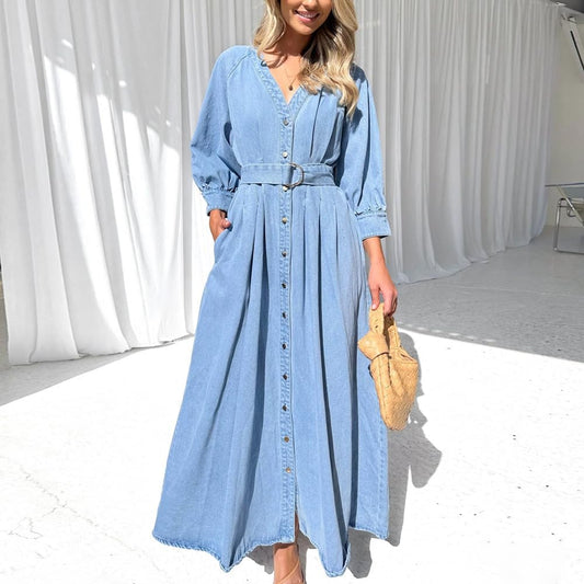 Casual Chic 3/4 Sleeve Denim Maxi Dress