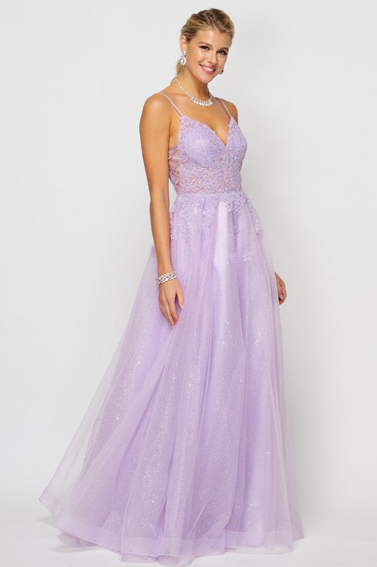 Roman Tulle Lilac Embroidered Lace Maxi Gown