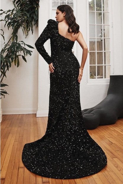 One Shoulder Black Sequin Bodycon Side Slit Long Gown