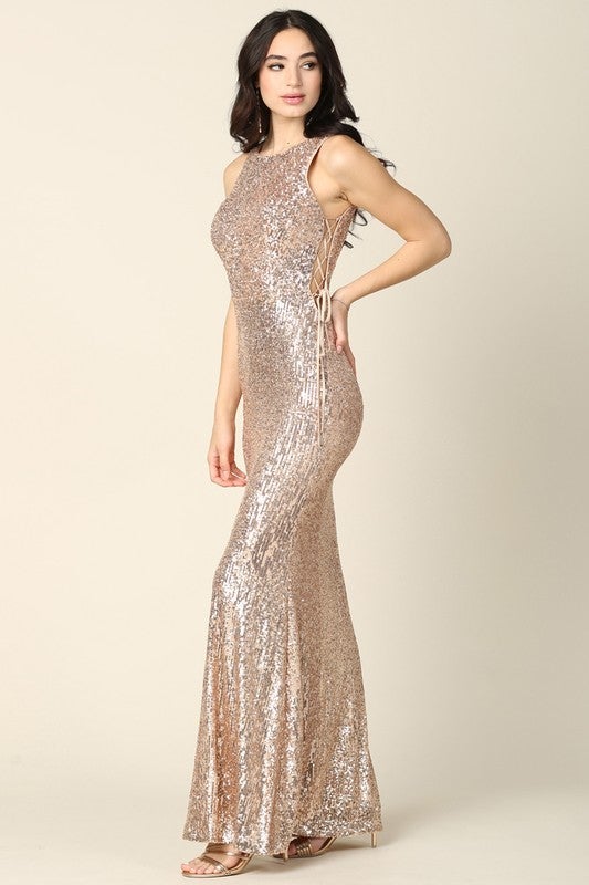 Rose Gold Sequin Mermaid Gown with Side Tie-up-Large