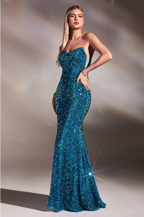 Ocean Blue Sequin Strapless Mermaid Gown