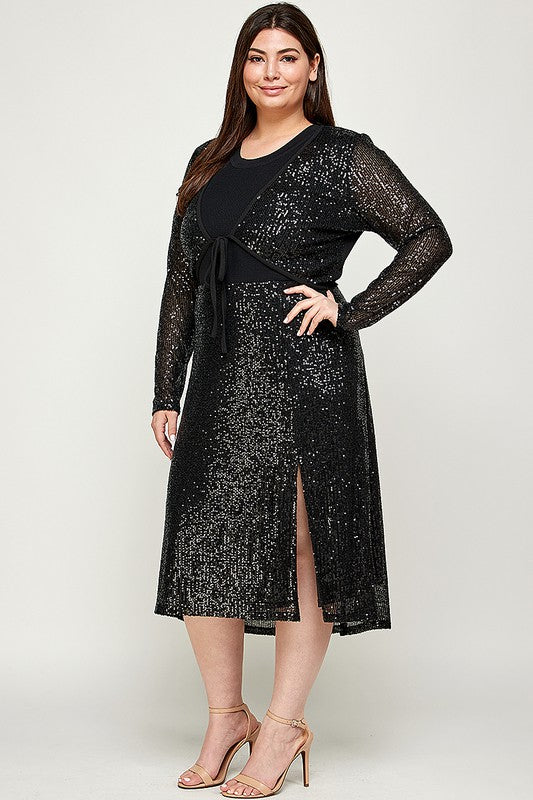 Sequin Black A-Line Plus Size Midi Skirt