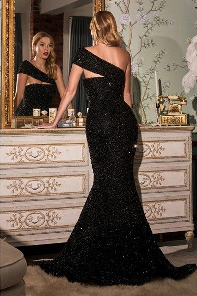 Black One Shoulder Formal Sequin Mermaid Gown