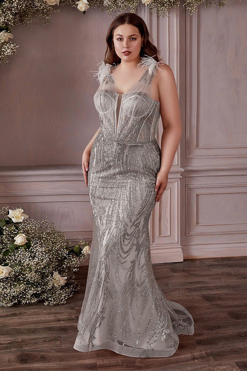 Black Sequin Beaded Mesh Sleeveless Plus Size Mermaid Gown