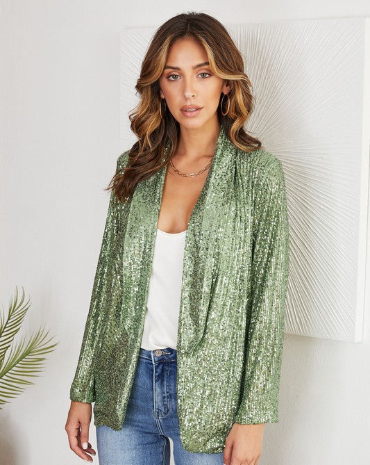 Dreamy Green Sequin Shawl Collar Blaze