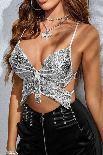 Gold Sequin Butterfly Lace Up Top