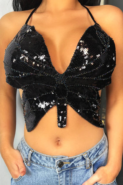 Gold Sequin Butterfly Lace Up Top
