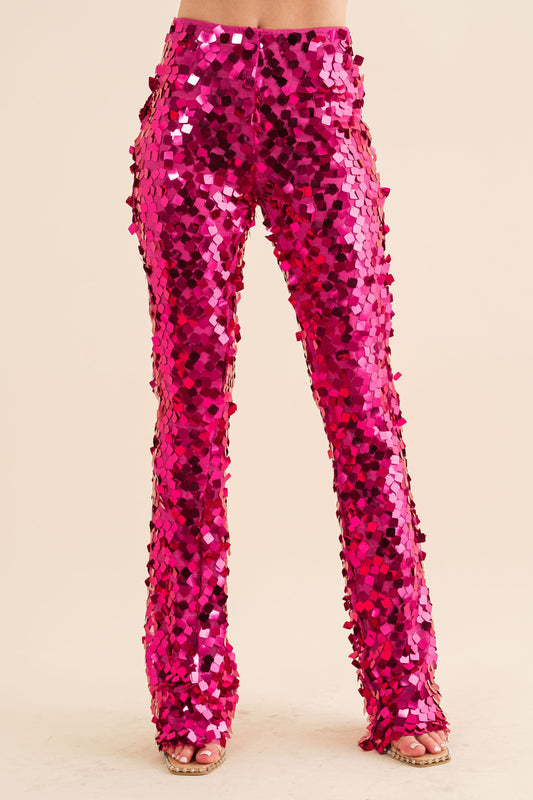 Rose Pink Shiny Metallic Squares Sequin Pants