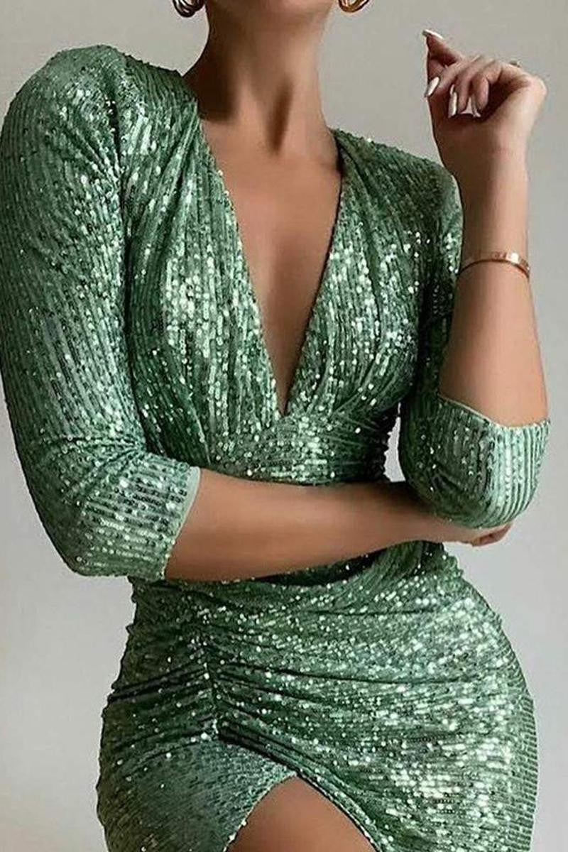 Italia Green Sequin Ruched Slit Mini Dress
