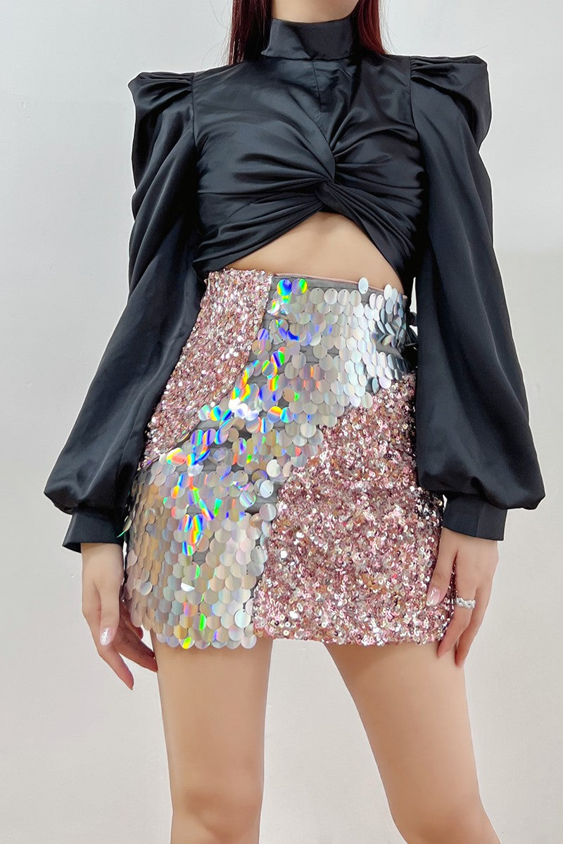 Silver Sequin High Waist Multi Scale Mini Skirt