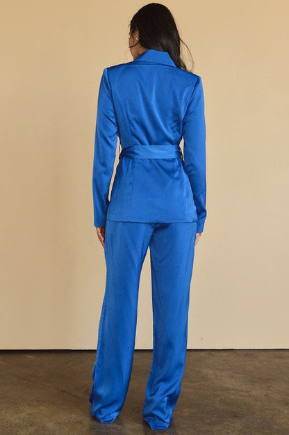 Rodeo Drive Blue Silk Blazer & Pants Suit Set