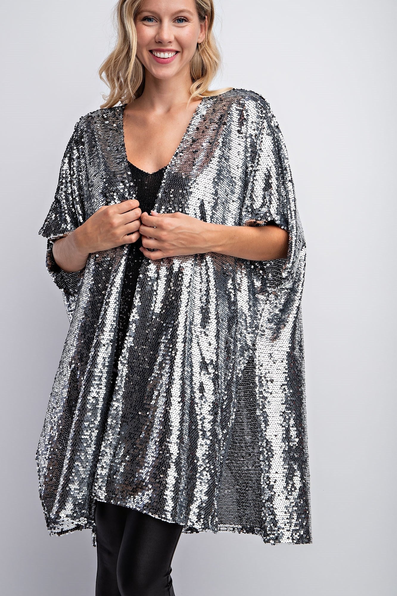 Black Sparkle Sequin Waterfall Cardigan Top