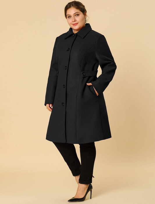 Women's Plus Size Black Belted Winter Long Coat