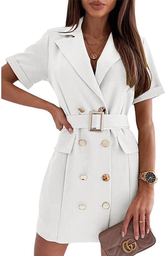 Short Sleeve White Loose Fit Belted Blazer Dress