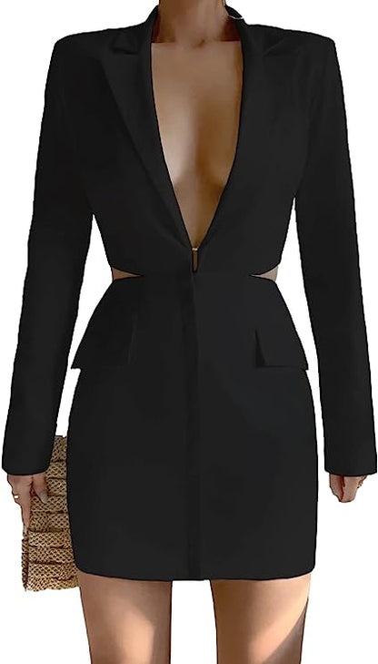 French Black Cut Out Long Sleeve Blazer Mini Dress