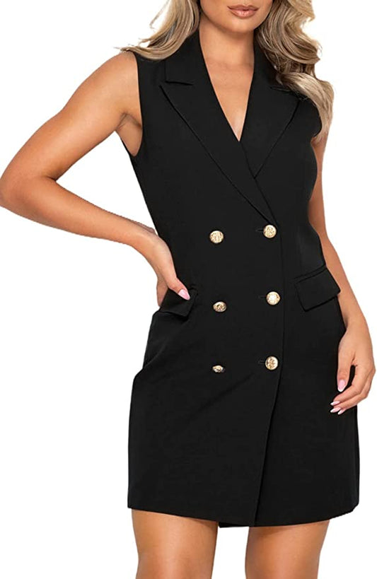 Sleeveless Black Gold Button Blazer Dress