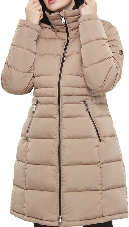 Winter Ice Coffee Faux Fur Lined Hood Long Puffer Jacket