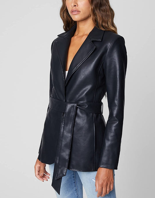 Stylish Jacket Black Vegan Leather Belted Blazer