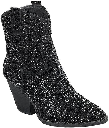 Rhinestone Studded Sequin Black Rhinestone Ankle Boots