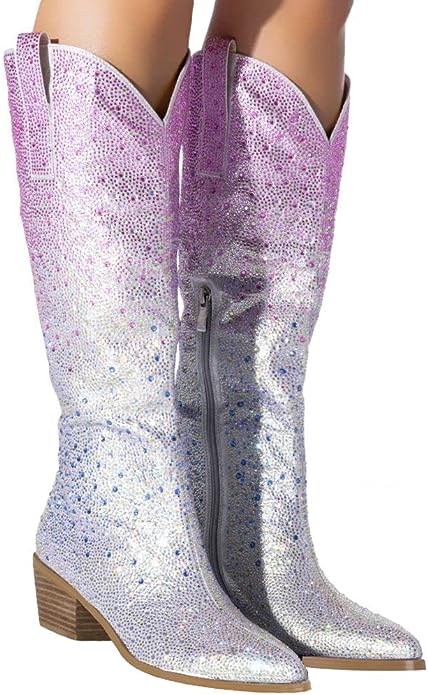 Rhinestone Knee High Sequin Black Cowboy Boots