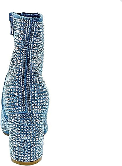 Rhinestone Studded Sequin Blue Denim Rhinestone Ankle Boots