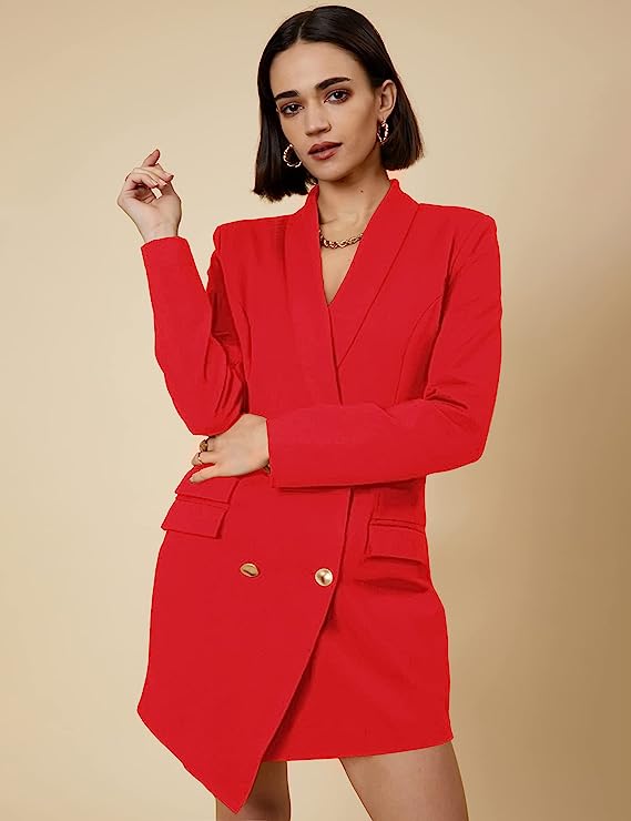 London Chic Red Color Block Long Sleeve Blazer Dress