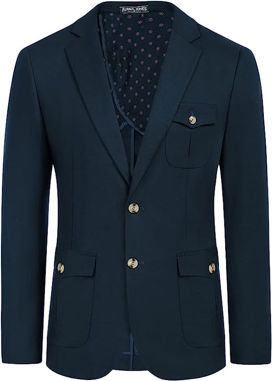 Men's Navy Blue Blended Linen Long Sleeve Sports Coat/Blazer