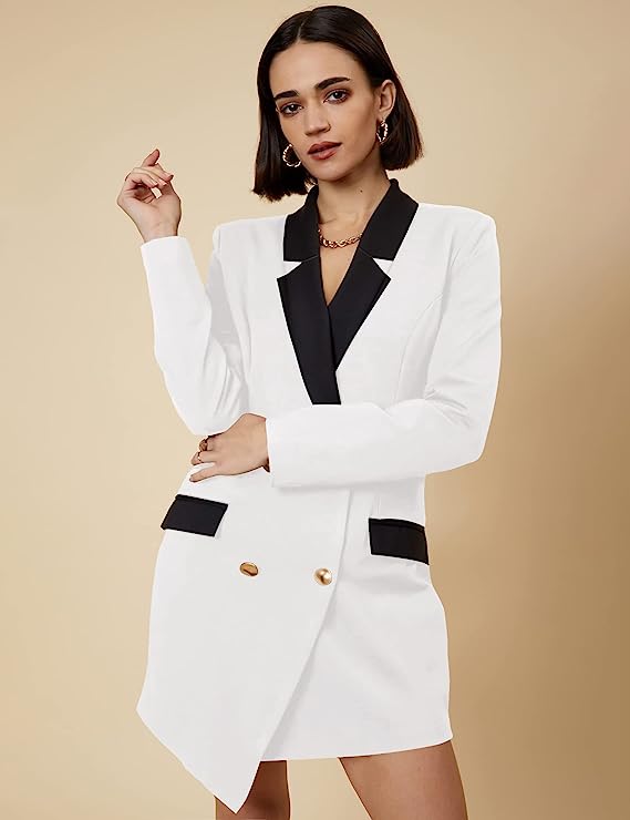 London Chic White Color Block Long Sleeve Blazer Dress