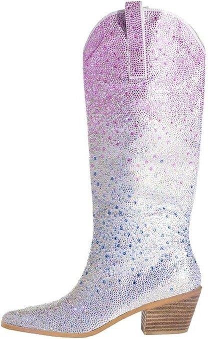 Rhinestone Knee High Sequin Mid-silver Cowboy Boots