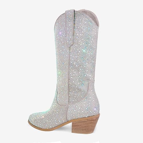 Rhinestone Knee High Sequin Mid-silver Cowboy Boots