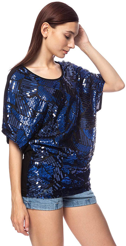 Dolman Sleeve Blue Loose Fit Sequin Evening Blouse Top