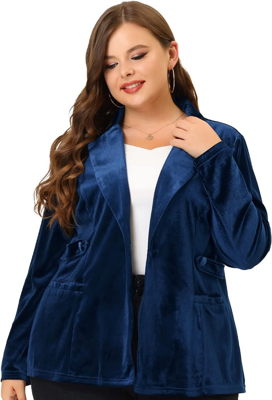 Plus Size Notched Lapel Navy Blue Velvet Casual Blazers