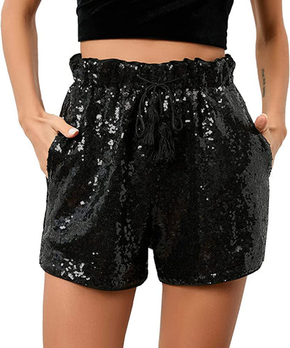 High Waist Hunter Green Sequin Drawstring Stretch Glitter Shorts