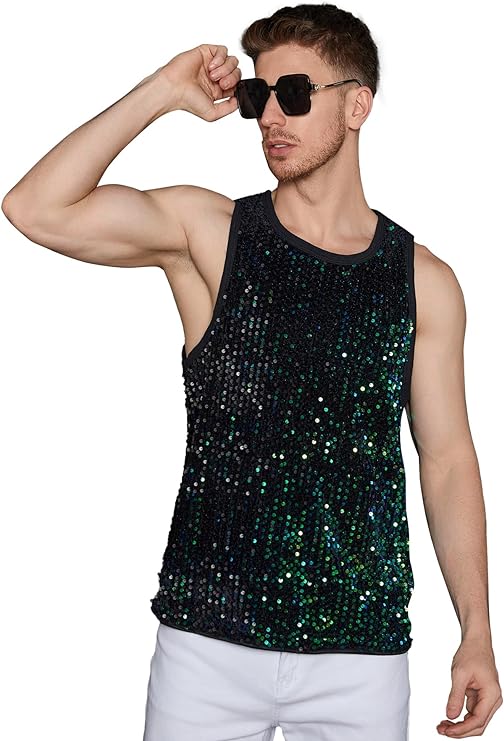 Men's Silver Sleeveless Sequin Tank Top Shirt