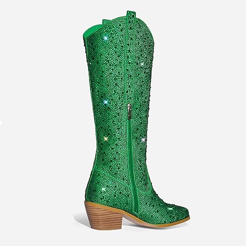 Rhinestone Knee High Sequin Mid-silver Cowboy Boots