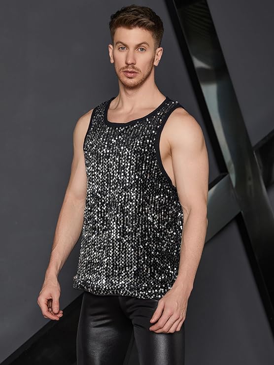 Men's Silver Sleeveless Sequin Tank Top Shirt