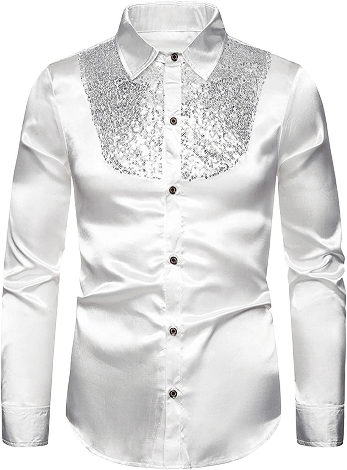 Men's Sequin White Satin Button Down Long Sleeve Dress Shirt