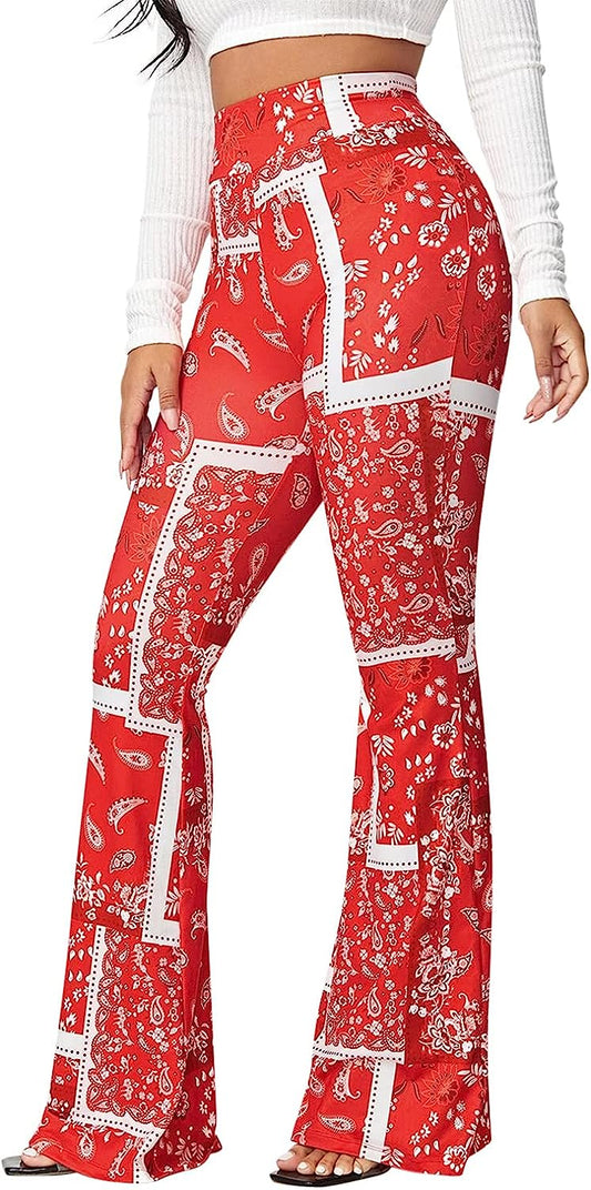 High Waist Red Paisley Print Flare Pants
