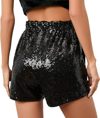 High Waist Hunter Green Sequin Drawstring Stretch Glitter Shorts