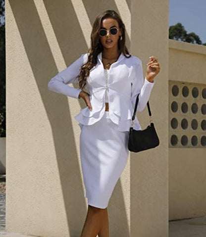 Women's White Peplum Ruffle Blazer & Skirt Set
