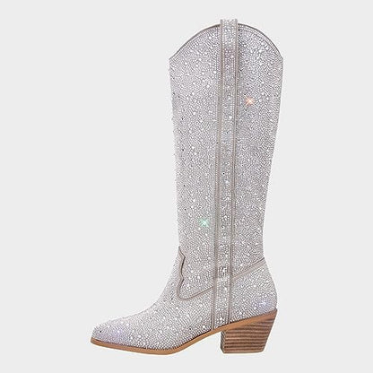 Rhinestone Knee High Sequin Mid-silver Cowboy Boots