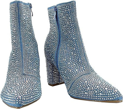 Rhinestone Studded Sequin Blue Denim Rhinestone Ankle Boots