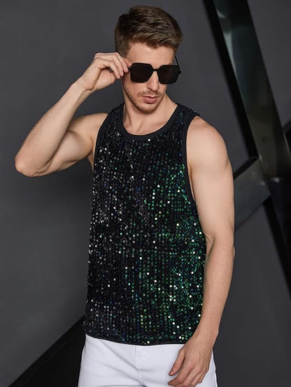 Men's Silver Sleeveless Sequin Tank Top Shirt