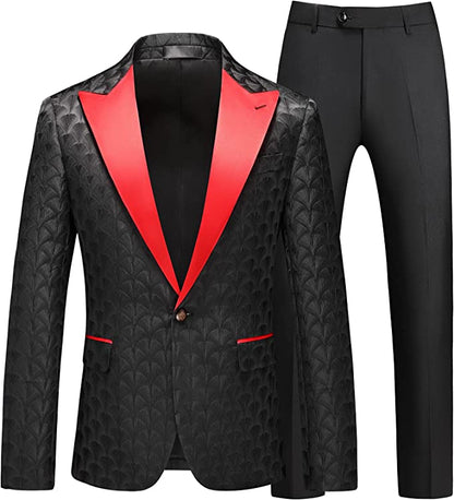 Men's Black Floral Long Sleeve Blazer w/Red Lapel & Pants 2pc Suit