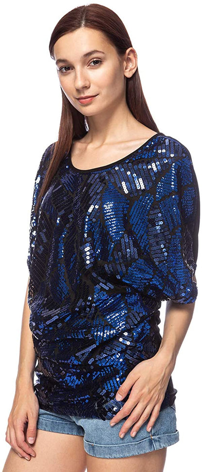 Dolman Sleeve Blue Loose Fit Sequin Evening Blouse Top