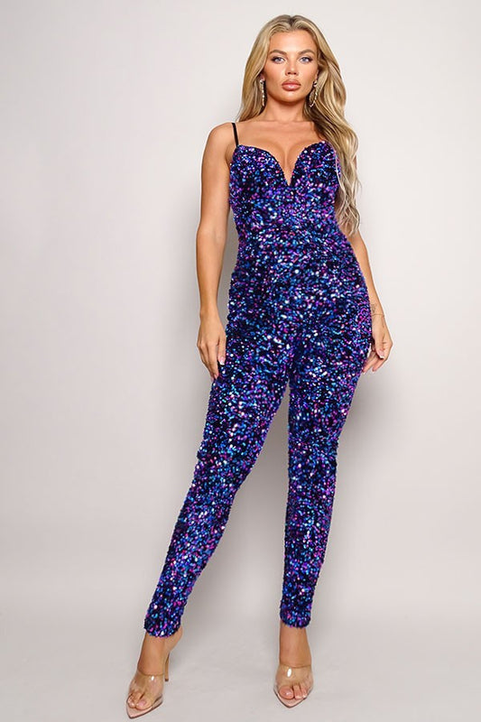 Purple/Blue Sparkle Sequined Sweetheart Sleeveless Jumpsuit