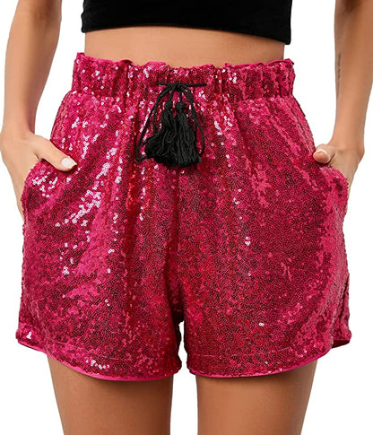 High Waist Hunter Green Sequin Drawstring Stretch Glitter Shorts