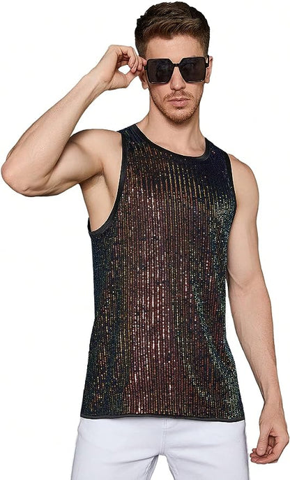 Men's Black Mesh Sequin Sleeveless Shirt